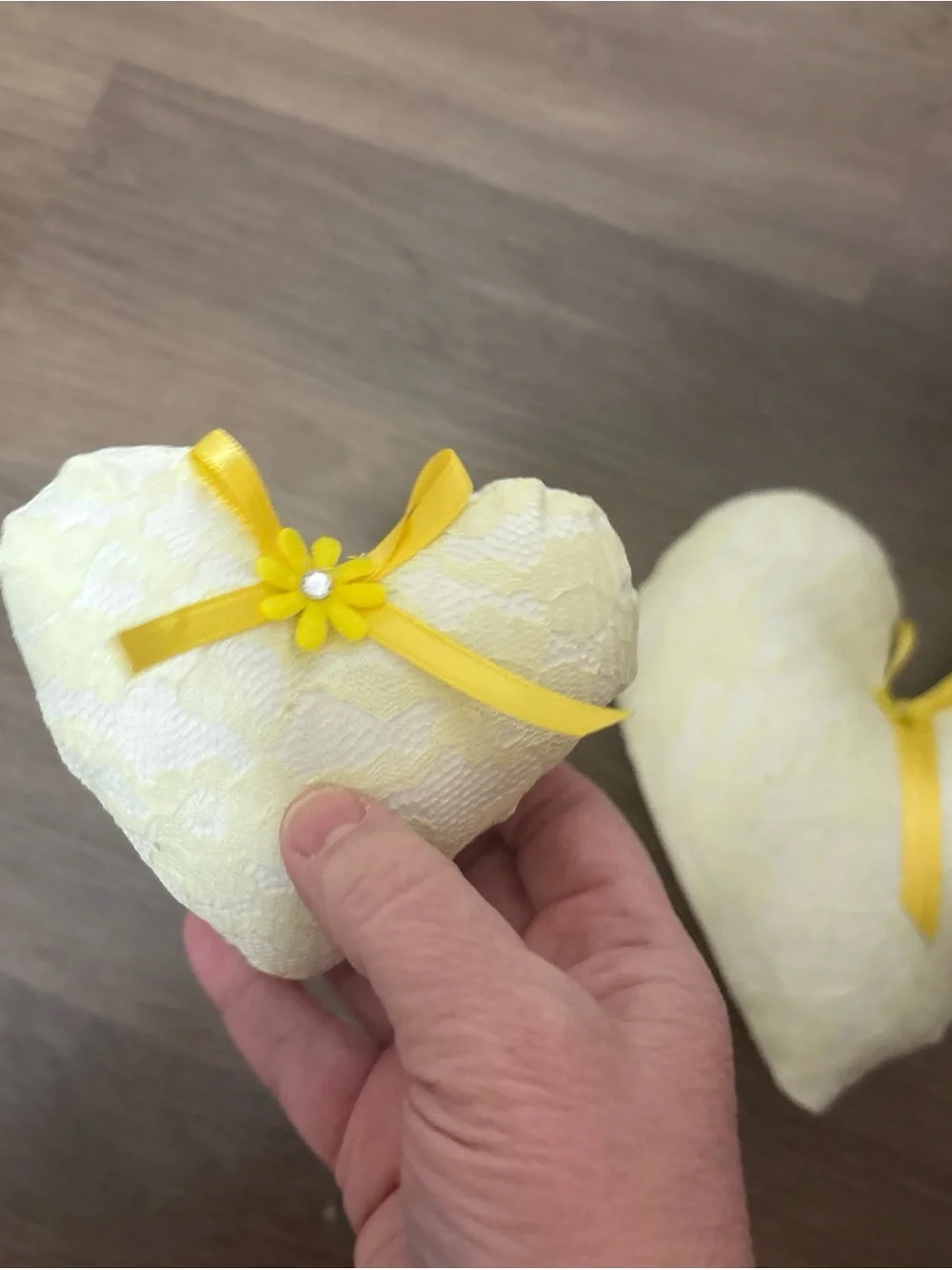 Heart Lace Accent Pillow with Yellow Ribbon - Soft Cream pack of 2